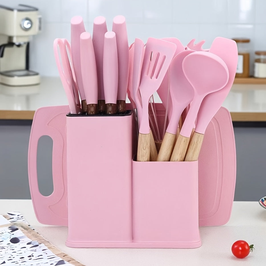 19pcs Non-Toxic Silicone Kitchen & Cutlery Set with Cutting Board, Storage Bucket & Wooden-Handle Utensils - Knives Suitable for Christmas Gifts, Daily & Meat/ Vegetable Chopping