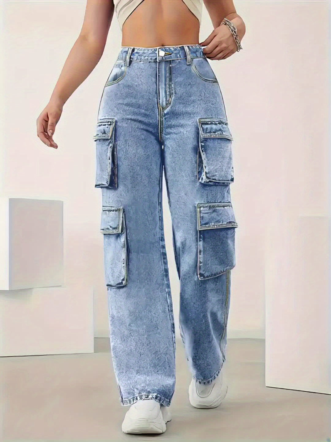 Women's High-Elastic Denim Cargo Jeans | Plus Size | Multi-Pocket Design with Flap Pockets & Zippered Side Pockets | Comfortable Cotton | All-Season Wear | Machine Washable | Street Style Fashion