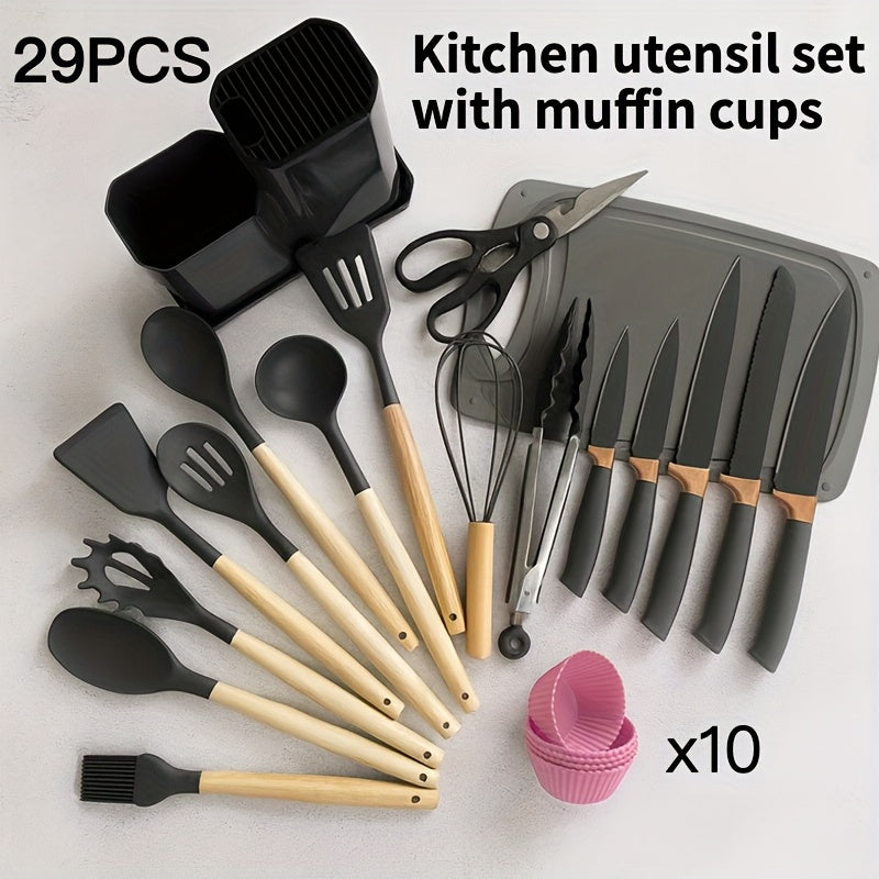 29pcs Non-Stick Cookware Set with Stand - Heavy-Duty Silicone Kitchen Utensils, Heat-Resistant up to 480°F (250°C), Non-Stick Pots, Pans, Spatulas, Whisk, Tongs, Cutting Boards - Complete Cooking Set for Home, Professional,