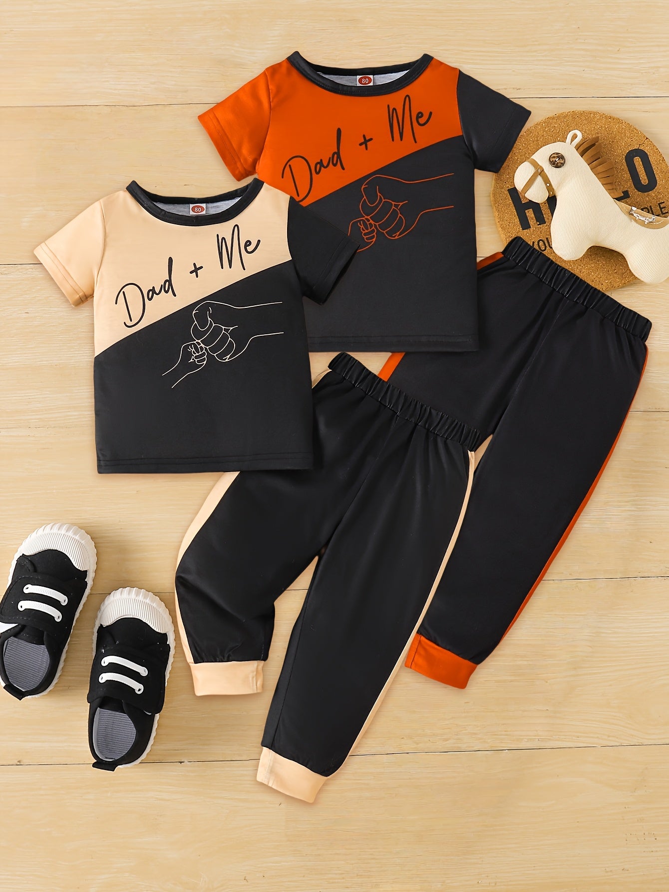 [Playful Kids Clothing] 2-Pack Boys' Cartoon Print Newborn Baby Sets - Playful Kids Clothing | "Dad + Me" & "I Love You" Hand-Drawn Graphics, Black & Orange Contrast, Short Sleeve T-Shirt & Pants, Machine Washable Spring Summ
