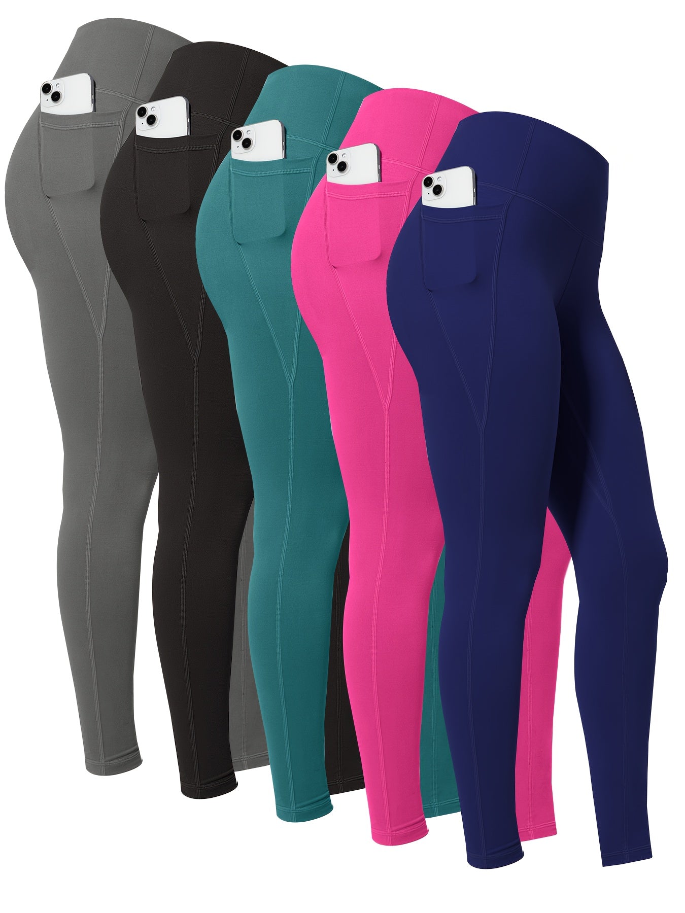 5pcs Multi-Color Pack (Maroon/Blue/Black/Olive) Women's High-Waisted Leggings with Side Pockets - Non-See-Through & Casual Pants, Stretchy Cropped Bottoms (Nine-Tenths Length), All-Season, Casual Attire, Leggings, Solid Color