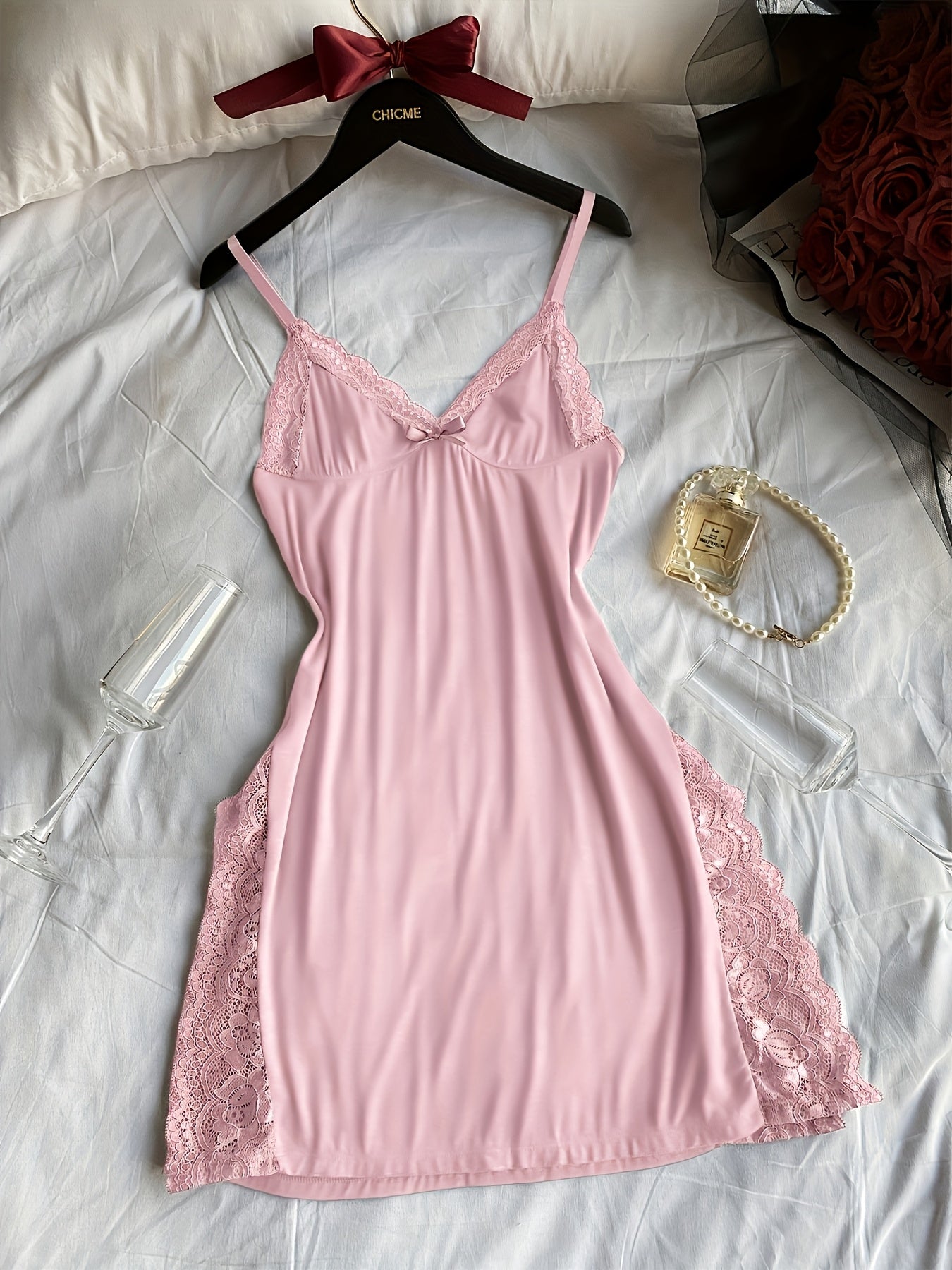 Lace-panelled V-neck Side-opening Nightdresses Set Of Three