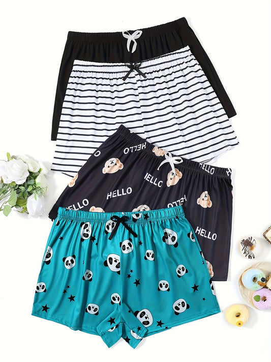 Women'S Large Size Cartoon Printed Home Shorts 4pcs Combination