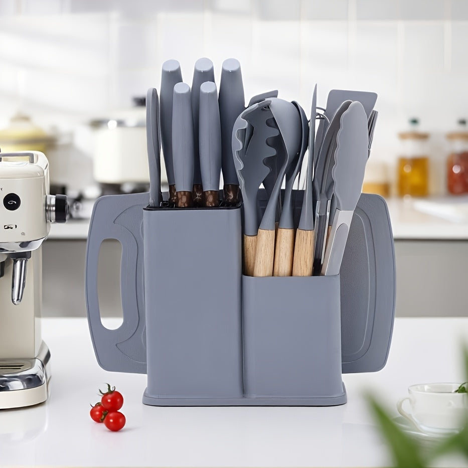 19pcs Non-Toxic Silicone Kitchen & Cutlery Set with Cutting Board, Storage Bucket & Wooden-Handle Utensils - Knives Suitable for Christmas Gifts, Daily & Meat/ Vegetable Chopping