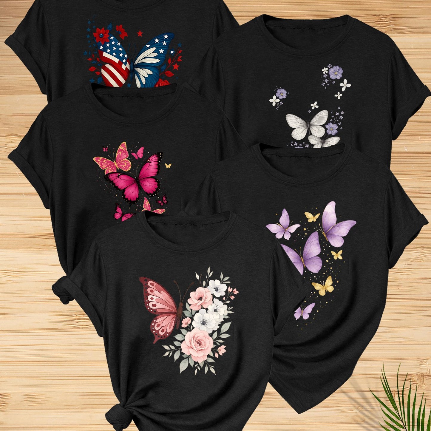 5pcs Women'S Butterfly Print T-Shirts - Vibrant Round Neck Short Sleeve Tops with Floral & Butterfly Designs, Stretchy Casual Summer Tees for Casual Attire, Ladies T Shirts