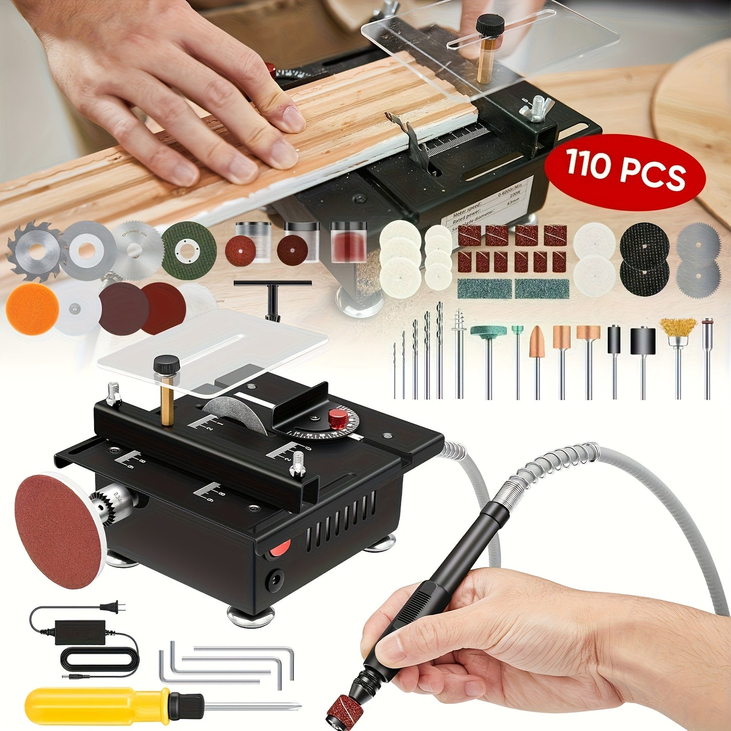 [AUXTUR Mini Table Saw] AUXTUR Mini Table Saw | Multifunctional All-In-One Machine | 7-Level Speed Adjustable, 110pcs for Cutting, Sanding, Carving, Drilling Metal Wood Plastic Acrylic | Best Gift for Father's Day & Christmas