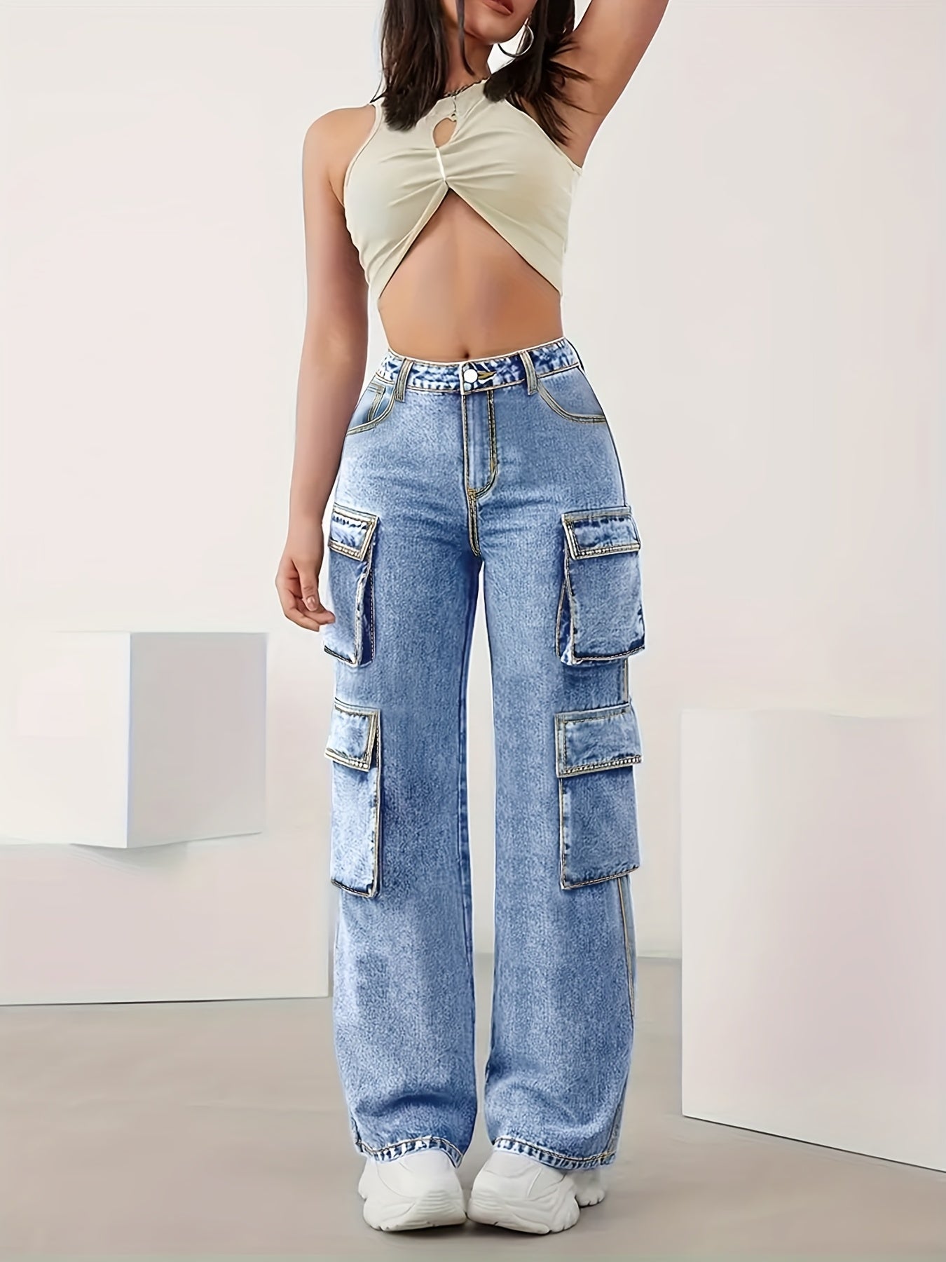 Women's High-Elastic Denim Cargo Jeans | Plus Size | Multi-Pocket Design with Flap Pockets & Zippered Side Pockets | Comfortable Cotton | All-Season Wear | Machine Washable | Street Style Fashion