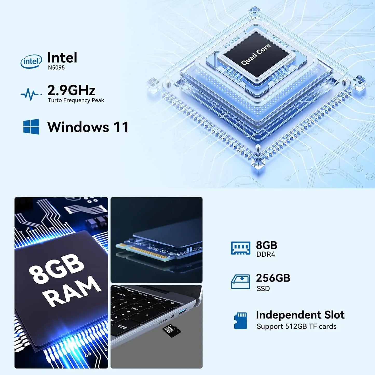 15.6"Laptop Computer Windows 11 Quad-Core Celeron N5095 Processors 1366*768 IPS Display 5000mAh Battery 8GB DDR4 256GB SSD PC