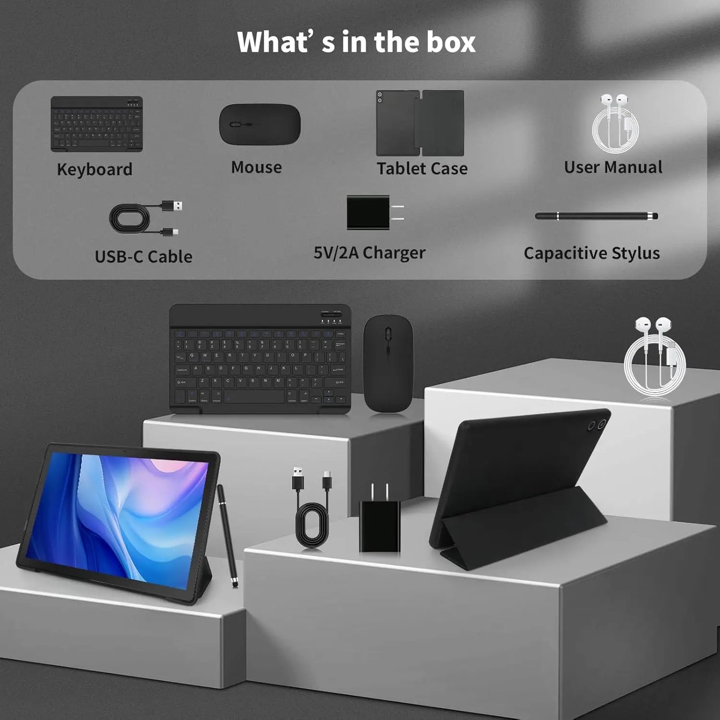 A10L 10 Inch Android Tablet 12GB RAM 64GB ROM IPS HD Touch Screen with Keyboard Case Mouse Stylus 8 in 1 Tablet Kit