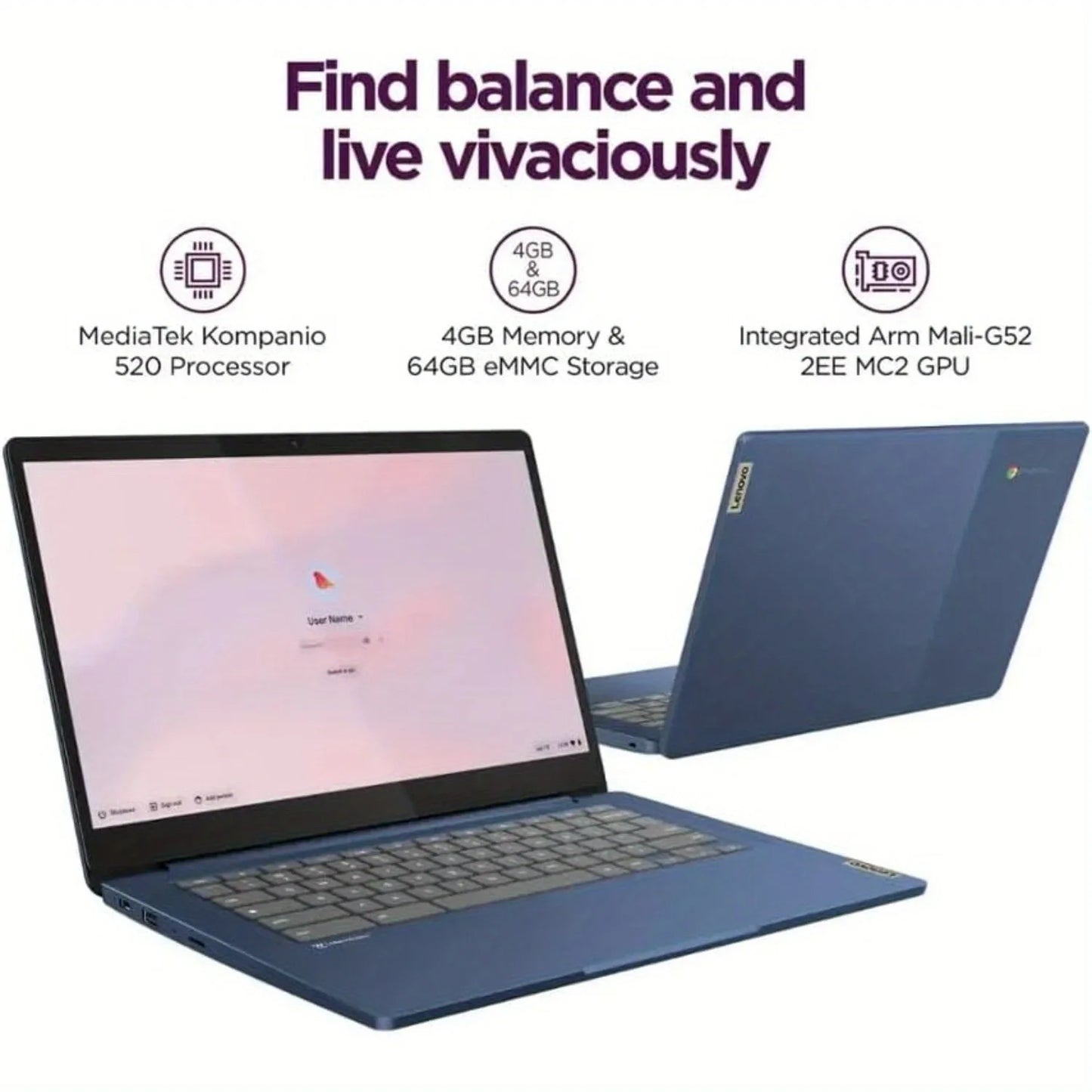 Lenovo IdeaPad Slim 3 14'' Full HD Chromebook,MediaTek Kompanio 520,4GB RAM,320GB Storage(64GB eMMC+256GB SD Card),Chrome OS