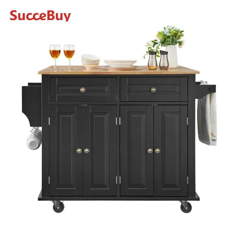 SucceBuy 43" Kitchen Island Cart Wood Top Mobile Carts with Storage Cabinet Rolling Table with Leaf Spice Rack Towel Bar Black