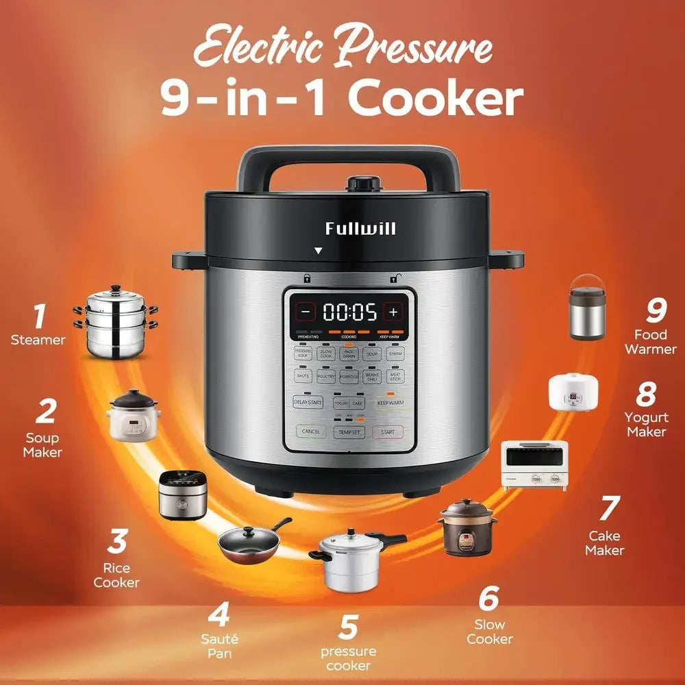 Multi-Functional Electric Pressure Cooker 9 Appliances in 1 Rice Cooker Slow Cooker Yogurt Maker Steamer Food Warmer 6QT