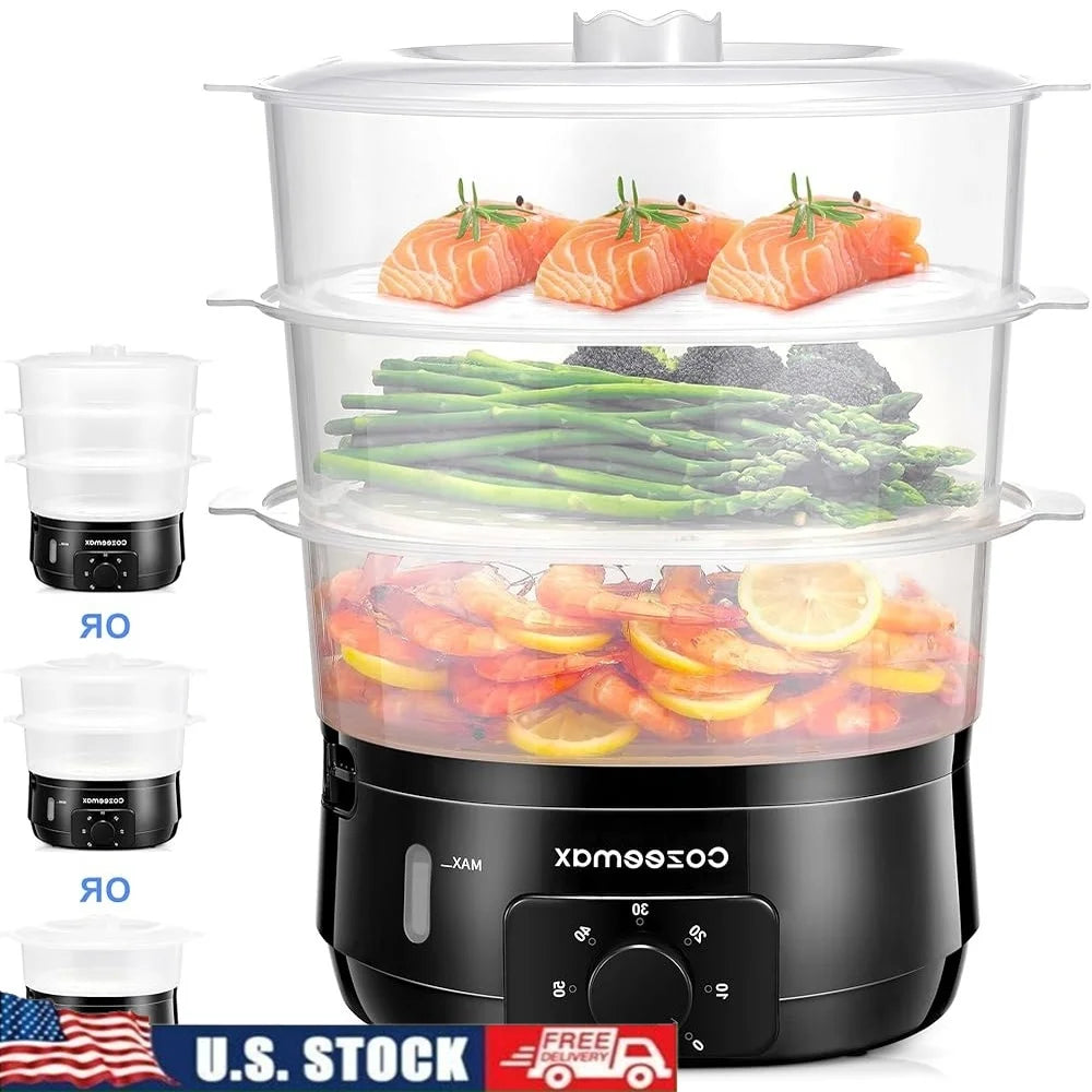 13.7QT Electric Food Steamer 3 Tier BPA Free Fast Cooking Unique Steam Design 800W Timer Anti Dry Protection Kitchen Appliance