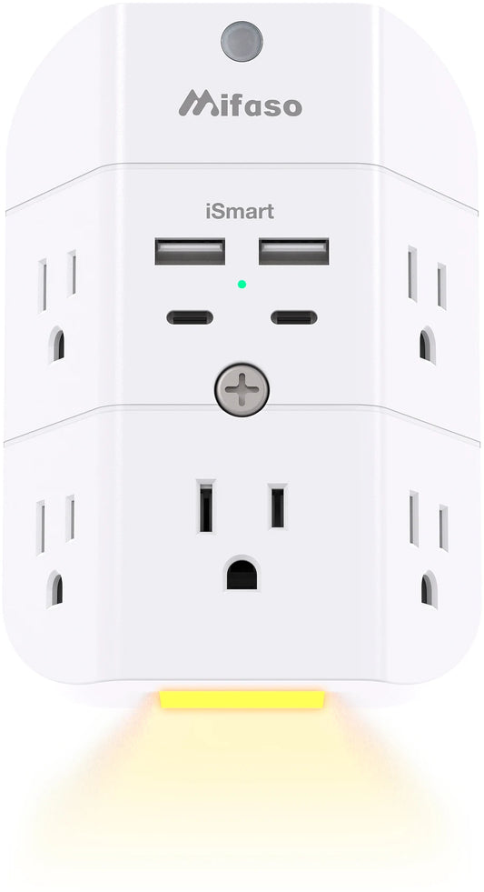 Mifaso Night Light Surge Protector Outlet Extender 5-Outlet Splitter and 4 USB Ports (2 USB C Charger), Multi Plug Outlet for Ho