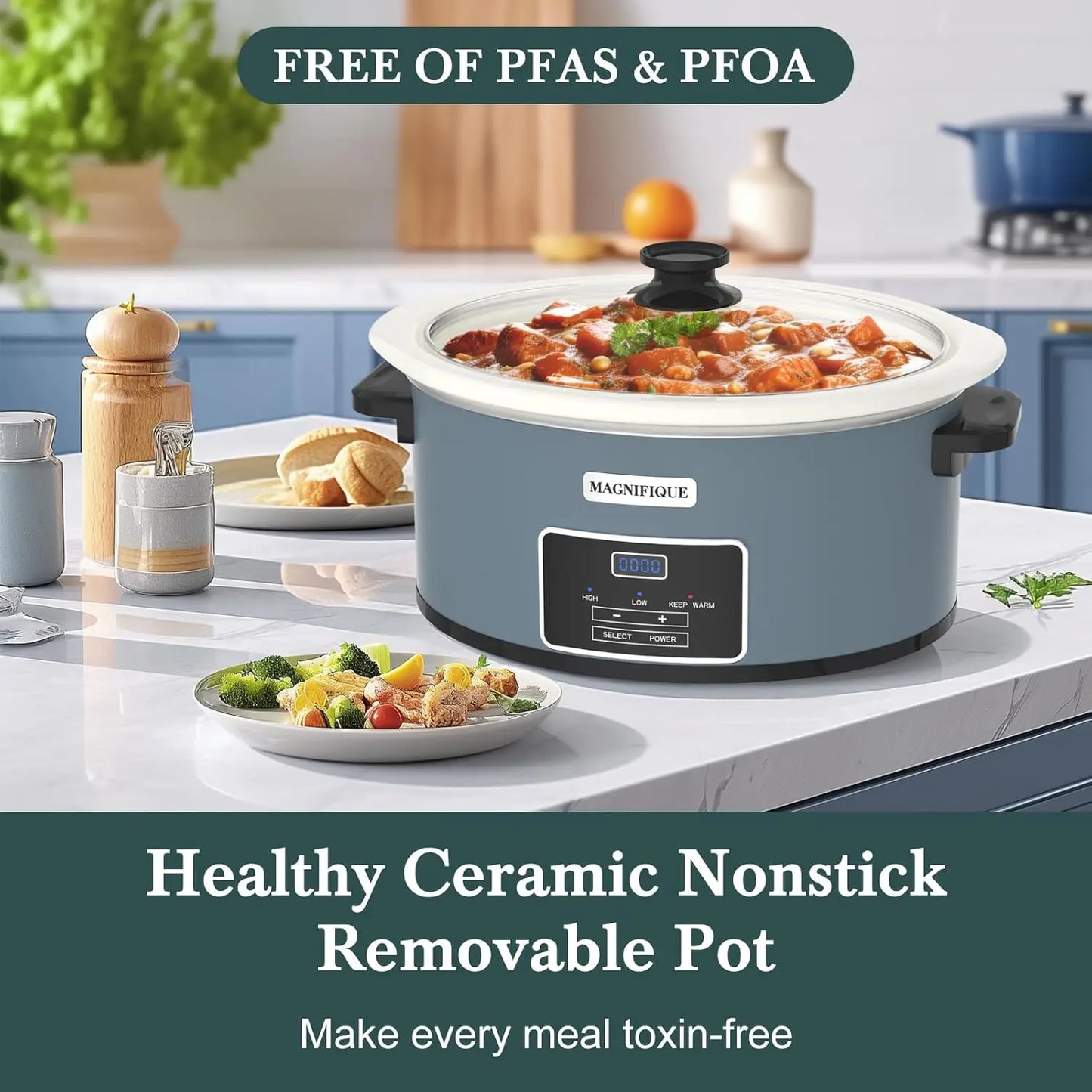 MAGNIFIQUE Programmable Slow Cooker 7 Quart Kitchen Appliance with Timer Keep Warm for Family Dinners Serves 6 plus People