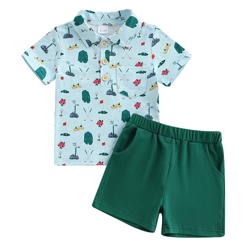 Boys Short Sleeve Dinosaur Print T-shirt and Elastic Waist Shorts Set for Summer Toddler Outfit with Fun Design