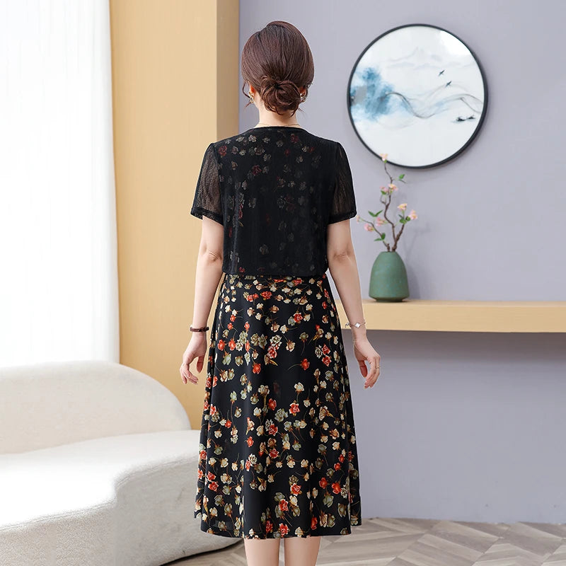 Summer Fake Two Pieces Women's Floral Printed Vestidos Ladies Casual Fashion Short Sleeve Midi Robe Femme Elegant Dress