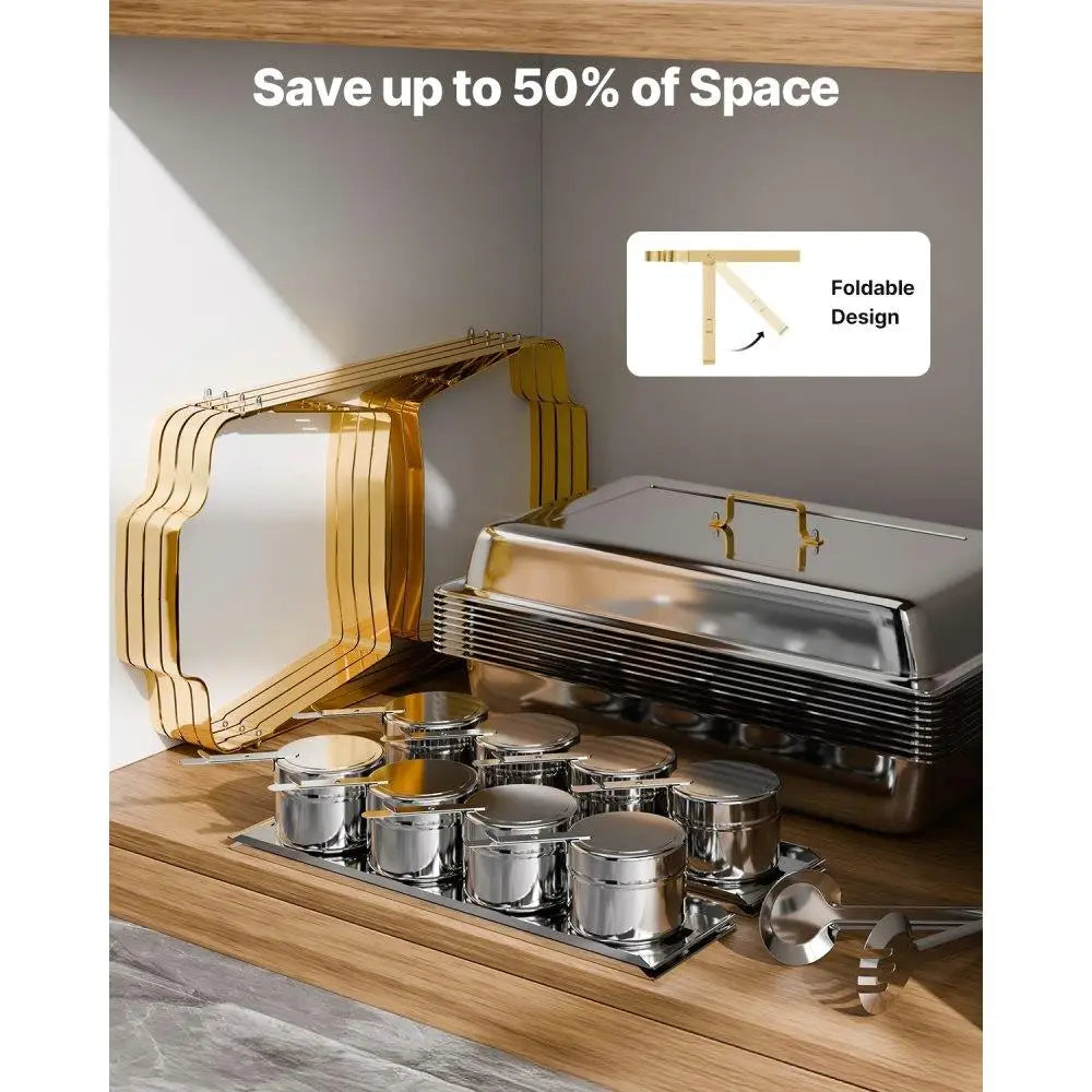 8 Piece Rectangle Chafing Dish Set Buffet Set with Full & Half Size Pans Durable Heat-Resistant Metal Construction Golden Design