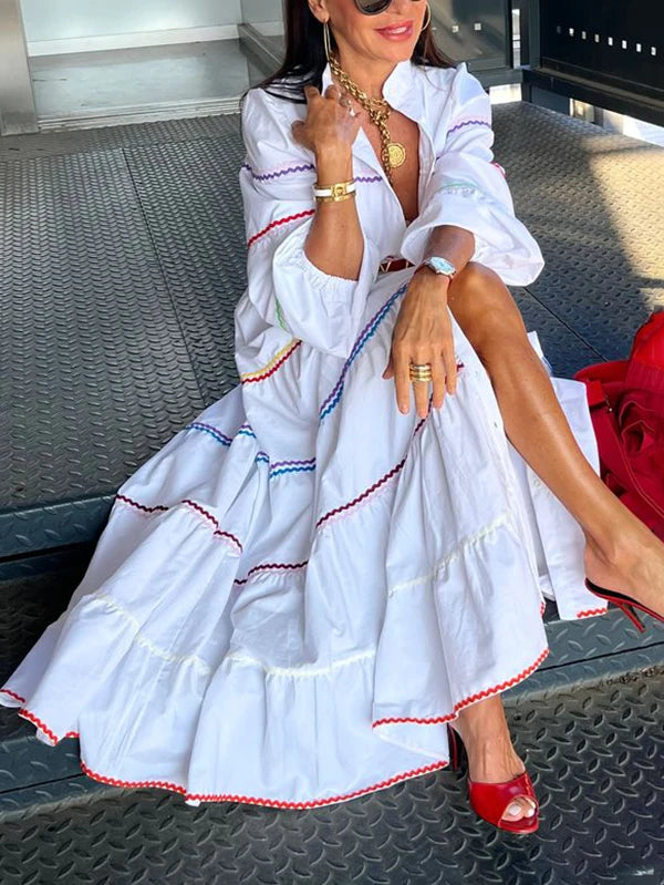 Modigirl Elegant Evening Prom Maxi Dresses 2025 Summer Spring Button Mock Neck Puff Sleeves A-line Party Long Dresses for Woman