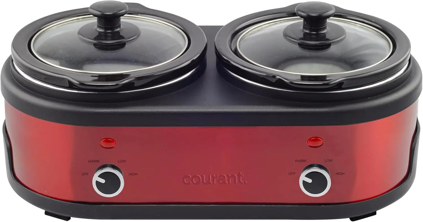 Red 3.2 Quart Double Slow Cooker Stainless Steel And Stainproof Stoneware with Warm Settings And Glass Lids Cooking Appliance