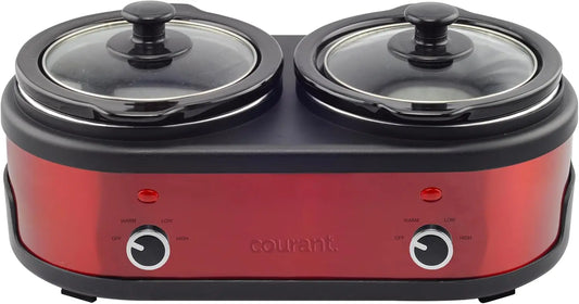 Red 3.2 Quart Double Slow Cooker Stainless Steel And Stainproof Stoneware with Warm Settings And Glass Lids Cooking Appliance