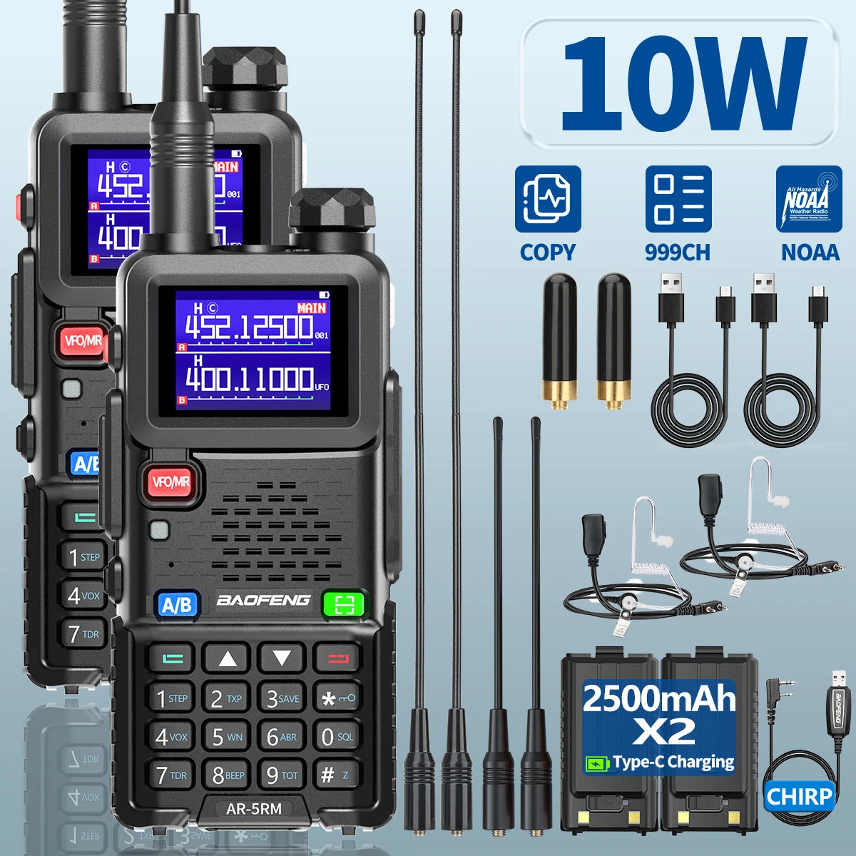 BAOFENG AR-5RM Multi Band Walkie Talkie 10W Wireless Copy Frequency Type-C Charger 999CH NOAA For UV-5R UV-5RH Ham Radio