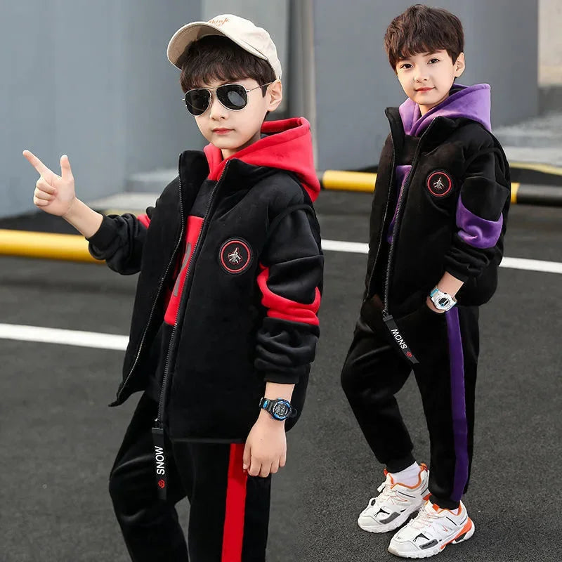 2024 New Fleece-Lined Thickened Boys Suit Three-Piece Set Trendy Autumn/Winter Outfit For Mid to Large Children