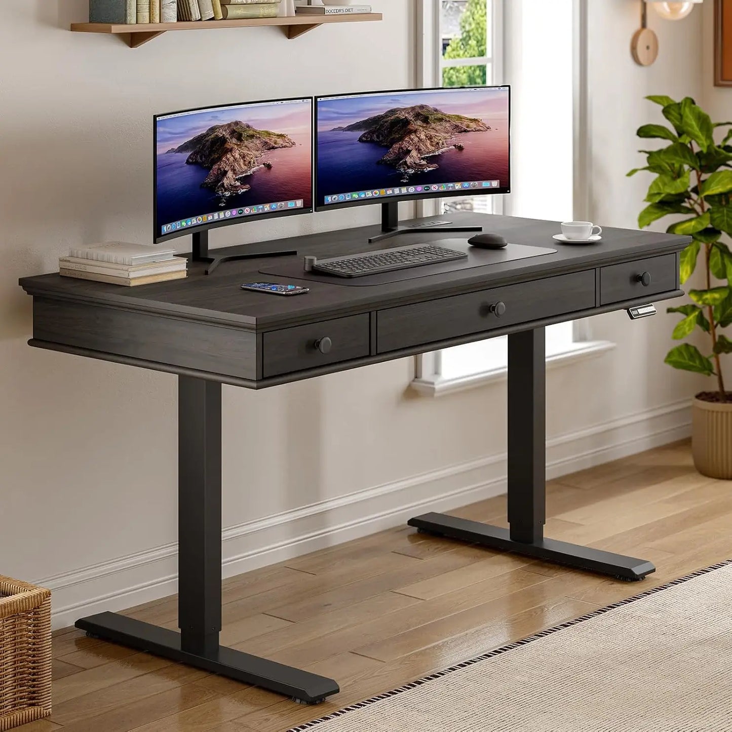 Standing Desk with Drawers, 55 x 23 Inch Electric Height Adjustable Desk with Storage & Outlets, for Computer Workstation