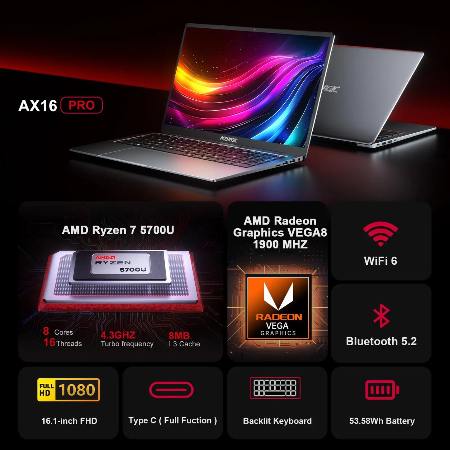 ACEMAGIC AX16Pro Gaming Laptop 16.1" IPS FHD AMD Ryzen™ 7 5700U Notebook 16GB DDR4+512GB PCI-E 53.58WH Windows 11 Computer