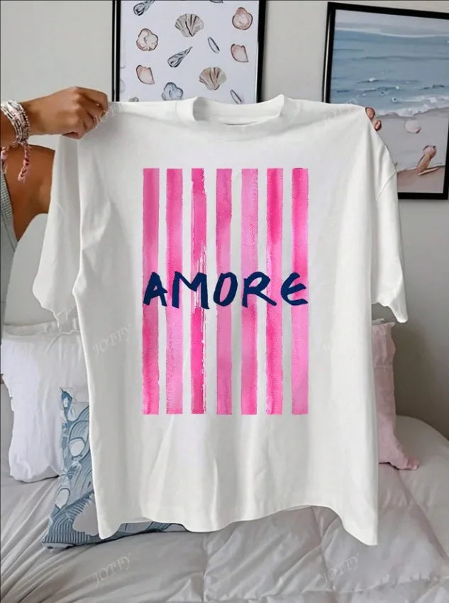AMORE Striped Art Pattern Summer Outfits Women Casual Round Neck Short Sleeve Cotton T-Shirt Tops