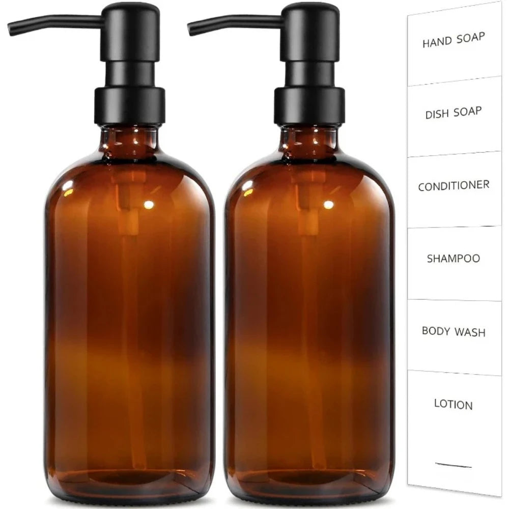 Amber Glass Soap Dispenser 2 Pack Bathroom Hand  Dispenser with Stainless Steel Pump 16 Oz Kitchen Hand  Dish