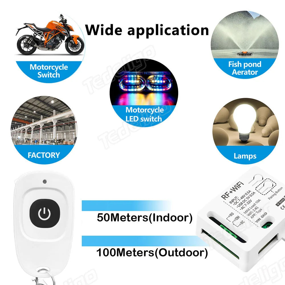 Tuya WiFi Smart Switch 433MHz Wireless Remote Control 1CH AC DC7-32V Controller Smart Home Work With Alexa Google Home Alice