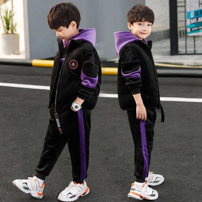2024 New Fleece-Lined Thickened Boys Suit Three-Piece Set Trendy Autumn/Winter Outfit For Mid to Large Children