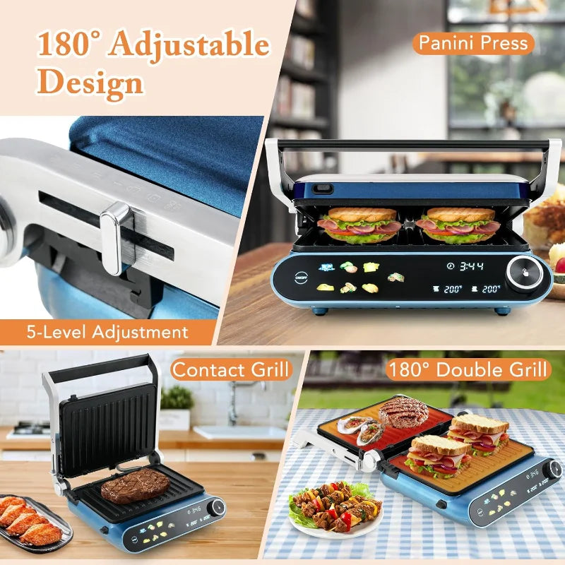 COSTWAY Panini Press, 1200W Sandwich Maker with LED Touch Panel, Non-Stick Coated Plates & Removable Drip Tray