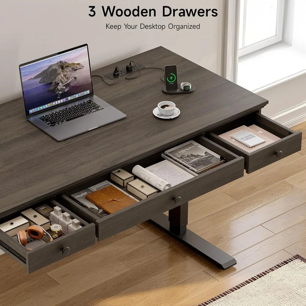 Standing Desk with Drawers, 55 x 23 Inch Electric Height Adjustable Desk with Storage & Outlets, for Computer Workstation