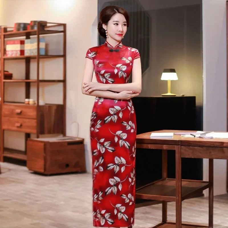 Summer Hot Sale Of The Season Long Elegant Ladylike Slit Qipao Dress Women's Mid-Aged Mommy Style Ethnic Fashion Long Qipao Dres