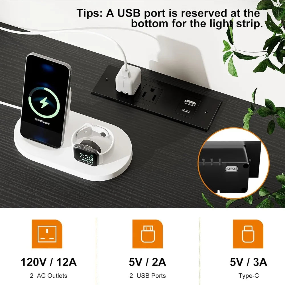 Dresser TV Stand with Charging Station and LED Lights, 55” TV Stand with 9 Drawers, Fabric Dresser for Bedroom, Steel Frame