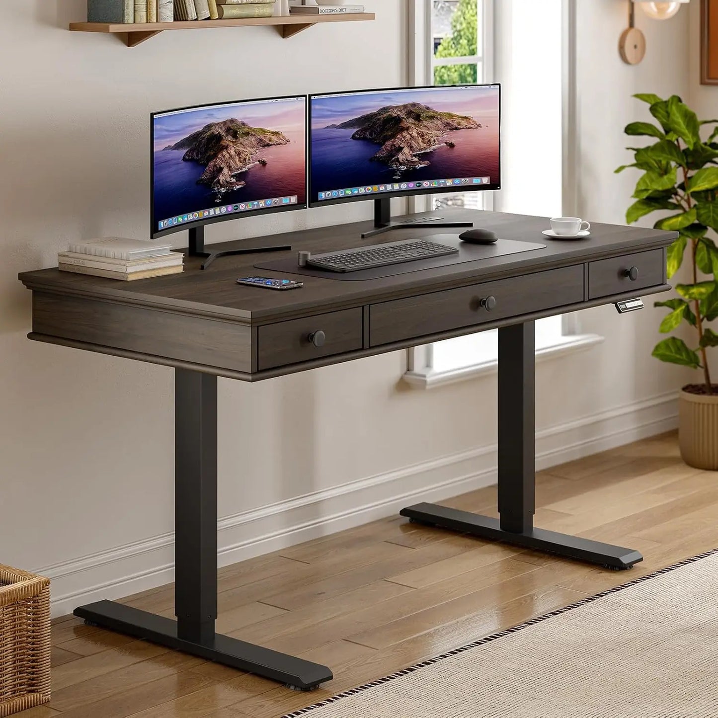 Standing Desk with Drawers, 55 x 23 Inch Electric Height Adjustable Desk with Storage & Outlets, for Computer Workstation