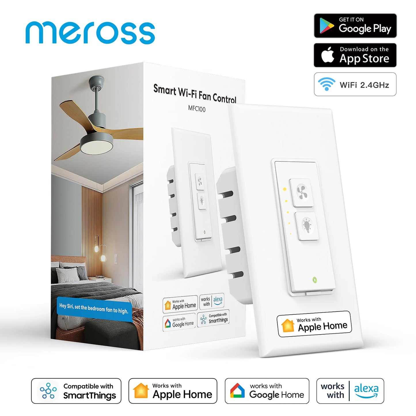 Meross HomeKit WiFi Smart Ceiling Fan Light Wall Switch Dimmer Light Switch Work with Alexa Google SmartThings
