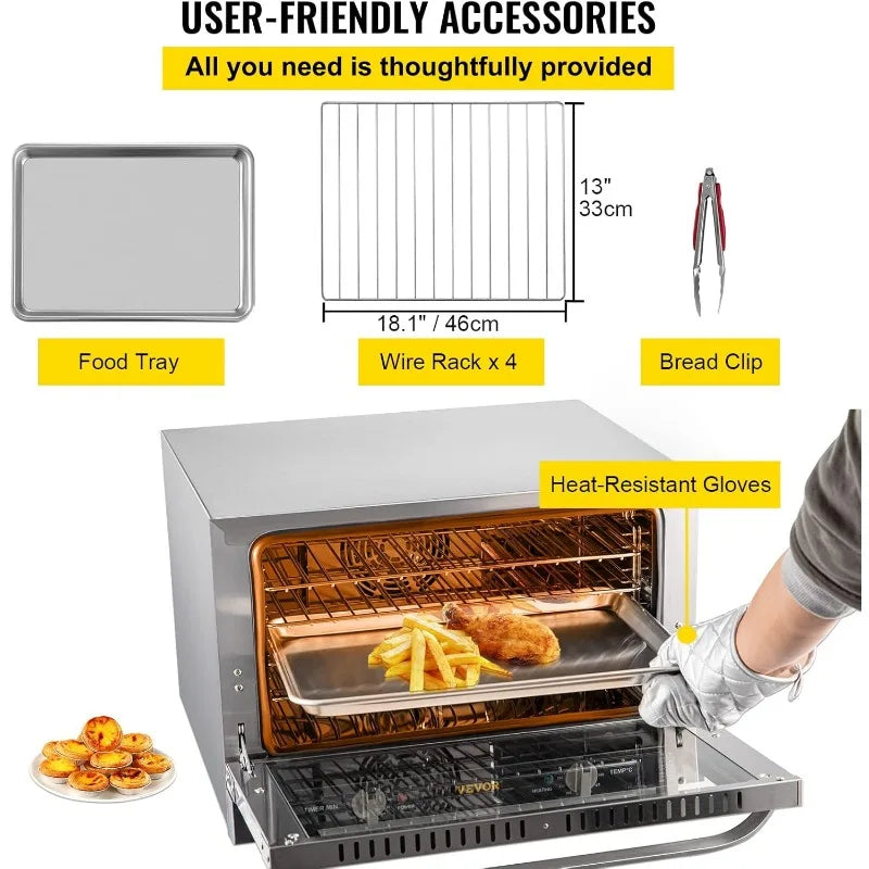 VEVOR Commercial Convection Oven, 47L/43Qt, Half-Size Conventional Oven Countertop, 1600W 4-Tier Toaster w/Front Glass Door