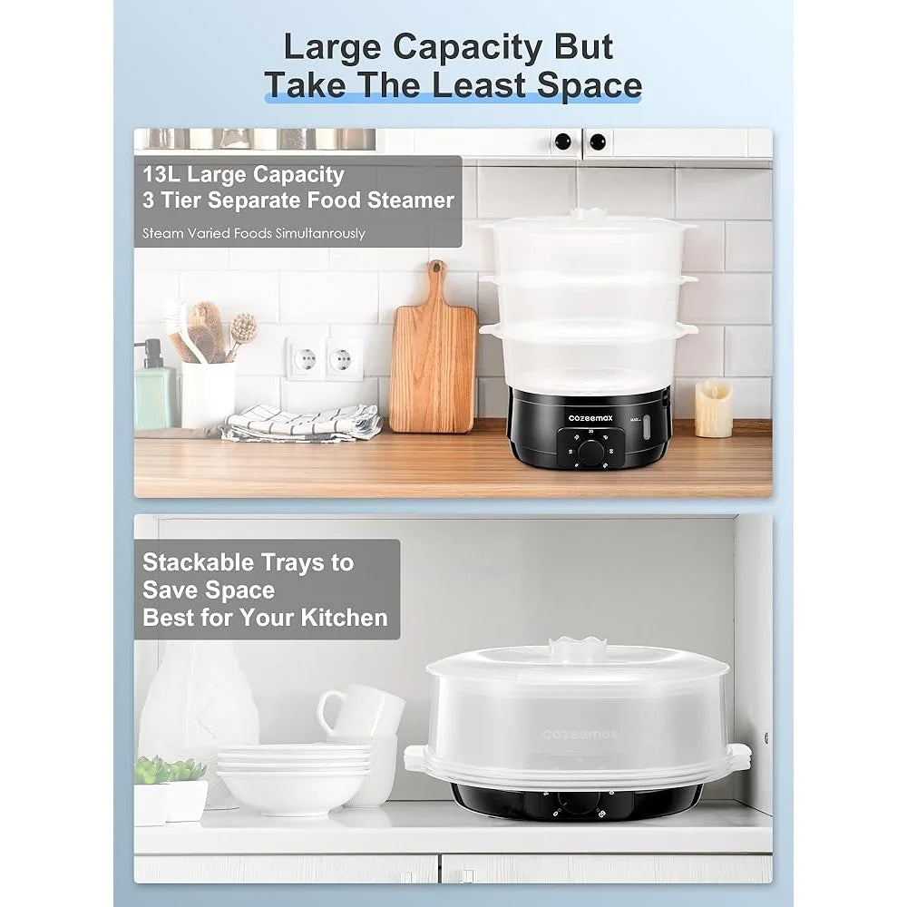 13.7QT Electric Food Steamer 3 Tier BPA Free Fast Cooking Unique Steam Design 800W Timer Anti Dry Protection Kitchen Appliance