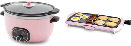 Soft Pink 6-Quart Ceramic Slow Cooker with Digital Timer and Dual-Function Griddle Kitchen Cooking Appliance