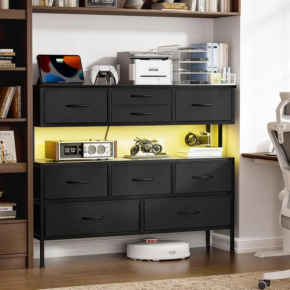 Dresser TV Stand with Charging Station and LED Lights, 55” TV Stand with 9 Drawers, Fabric Dresser for Bedroom, Steel Frame