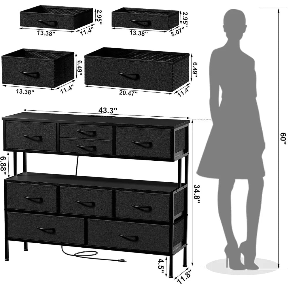 Dresser TV Stand with Charging Station and LED Lights, 55” TV Stand with 9 Drawers, Fabric Dresser for Bedroom, Steel Frame