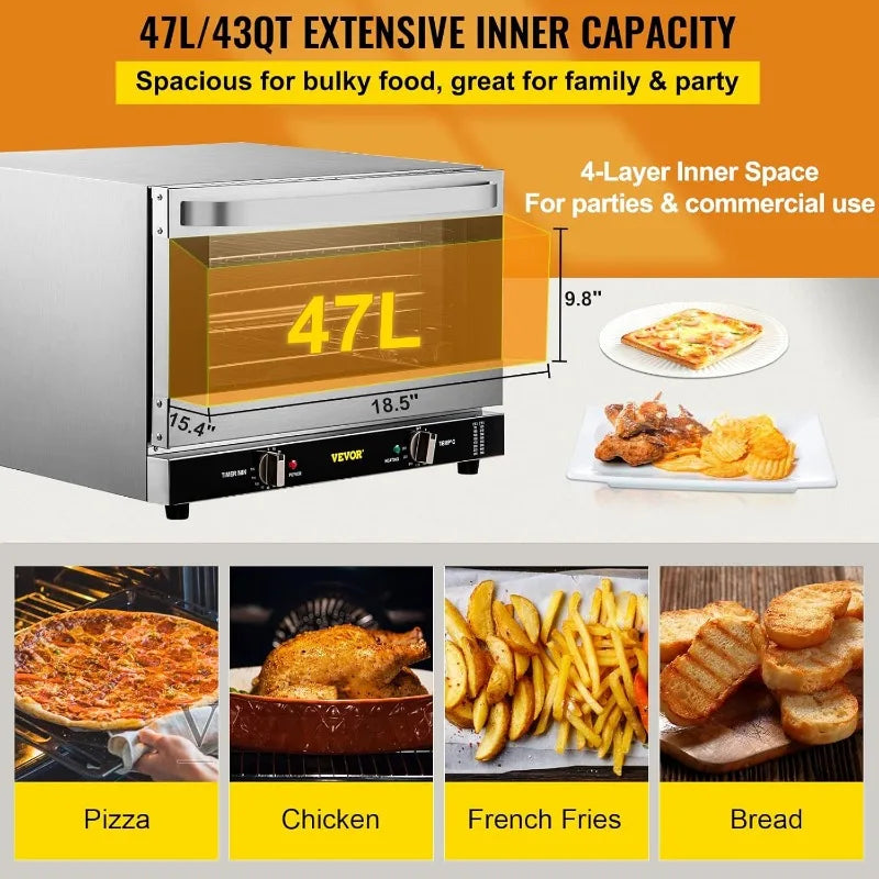 VEVOR Commercial Convection Oven, 47L/43Qt, Half-Size Conventional Oven Countertop, 1600W 4-Tier Toaster w/Front Glass Door