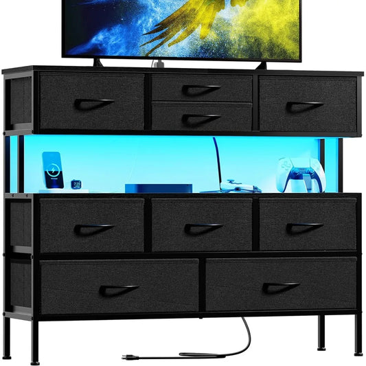 Dresser TV Stand with Charging Station and LED Lights, 55” TV Stand with 9 Drawers, Fabric Dresser for Bedroom, Steel Frame
