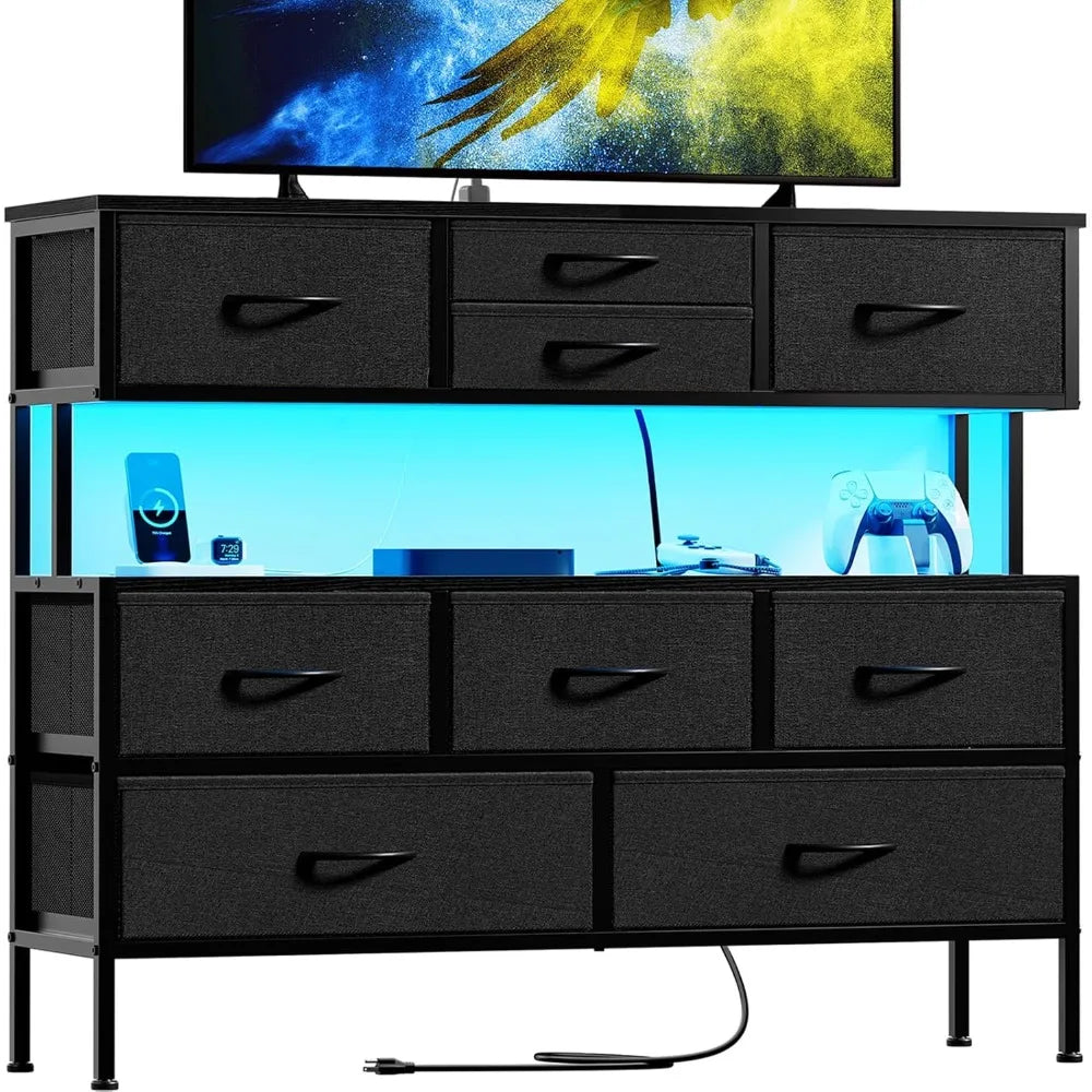 Dresser TV Stand with Charging Station and LED Lights, 55” TV Stand with 9 Drawers, Fabric Dresser for Bedroom, Steel Frame