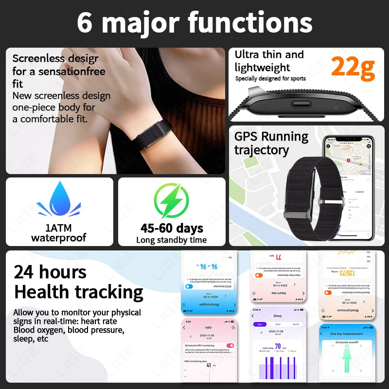 LIGE 2025 No Screen Smart Watch Men's Sports Outdoors Fitness Heart Rate Monitor 1ATM Waterproof New Smartwatch For Android IOS