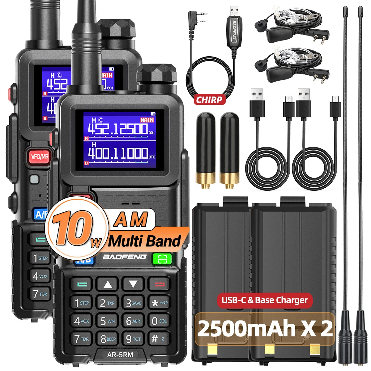 BAOFENG AR-5RM Multi Band Walkie Talkie 10W Wireless Copy Frequency Type-C Charger 999CH NOAA For UV-5R UV-5RH Ham Radio