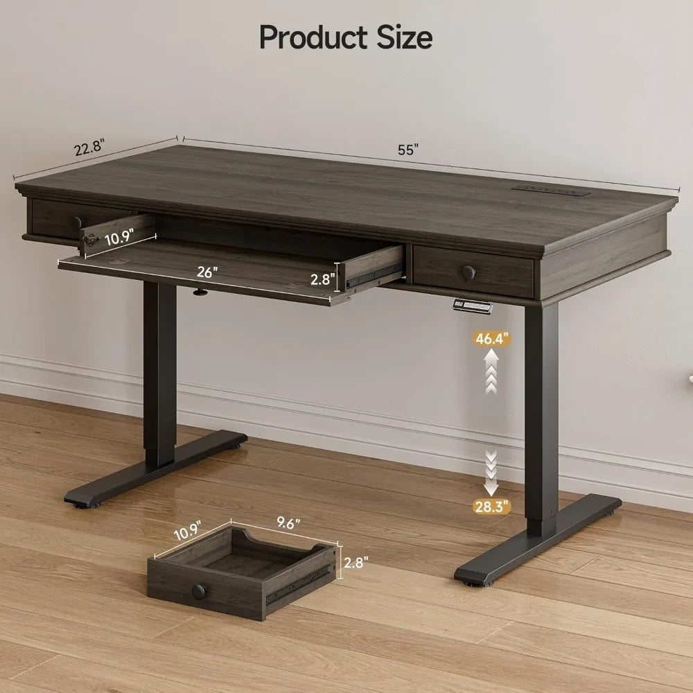 Standing Desk with Drawers, 55 x 23 Inch Electric Height Adjustable Desk with Storage & Outlets, for Computer Workstation